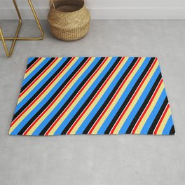 [ Thumbnail: Colorful Red, Tan, Blue, Black & White Colored Lined/Striped Pattern Rug ]