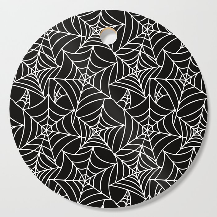 Gothic Halloween - white spider webs on black background Cutting Board