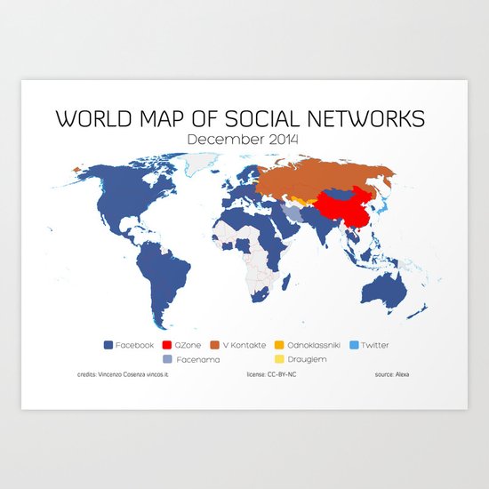 World Map of Social Networks (December 2014) Art Print