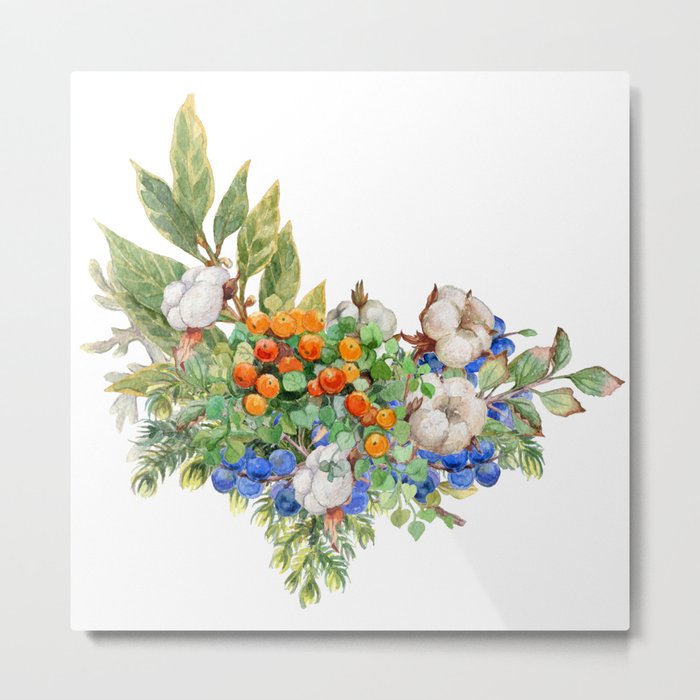 Winter watercolor bouquet with cotton and laurel Metal Print