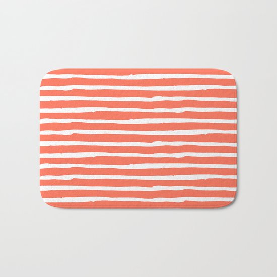 Thin Stripes White on Deep Coral Bath Mat