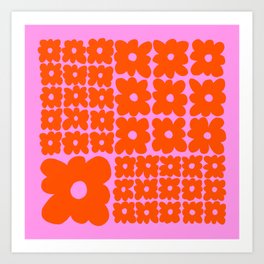 Psychedelic Pink and Orange Retro Flower Square Design Art Print