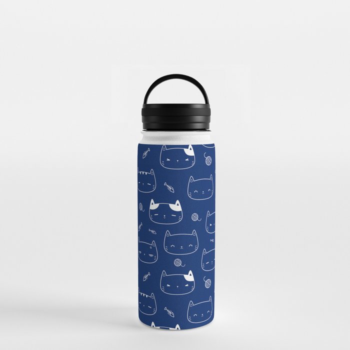 Blue and White Doodle Kitten Faces Pattern Water Bottle