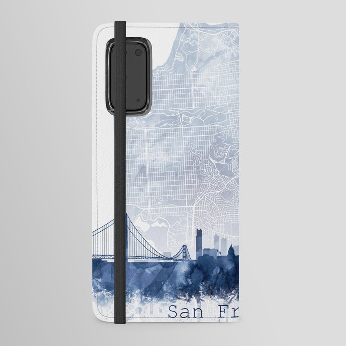 San Francisco Skyline & Map Watercolor Navy Blue, Print by Zouzounio Art Android Wallet Case