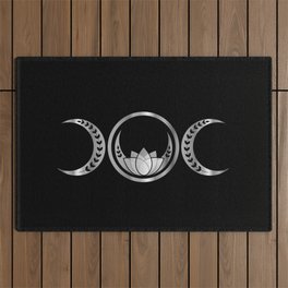Silver triple moon fertility symbol with moons lotus and vines Outdoor Rug