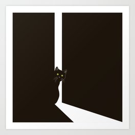 Black Cat Leaning Out of Door Art Print