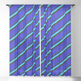 [ Thumbnail: Aqua, Black & Blue Colored Lines/Stripes Pattern Sheer Curtain ]