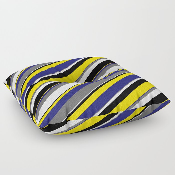 Eyecatching Dim Grey, Mint Cream, Black, Yellow, and Midnight Blue Colored Stripes Pattern Floor Pillow