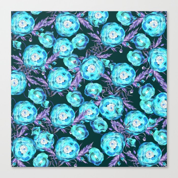 Abstract Poppy Pattern Blue And Black Canvas Print