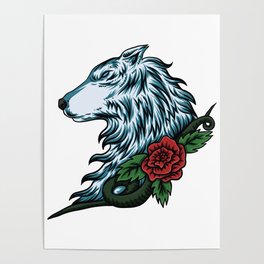 Blue Wolf Rose Branch Poster