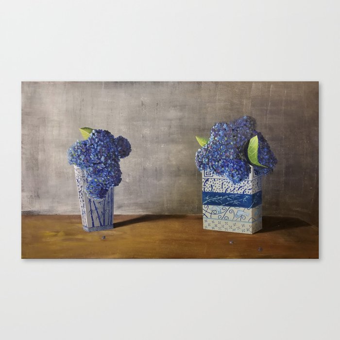 Blue Hydrangeas in Unique Chinese Vases Canvas Print