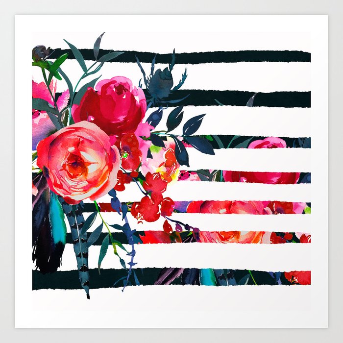 Bohemian Pink Orange Blue Black Watercolor Stripes Floral Art
