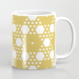 Vintage geometric seamless pattern. Ornament with small yellow hexagons, hexagonal grid, lattice, mesh. Ornamental background in white and mustard colors. Abstract repeat texture. Decorative design Mug