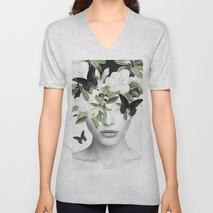 Woman With Flowers and Butterflies 3 V Neck T Shirt
