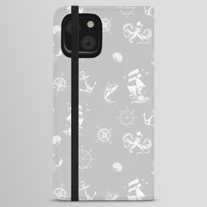 Light Grey And White Silhouettes Of Vintage Nautical Pattern iPhone Wallet Case