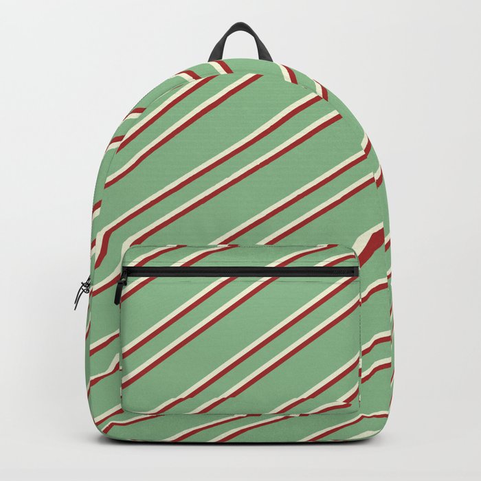 Dark Sea Green, Beige & Brown Colored Stripes Pattern Backpack