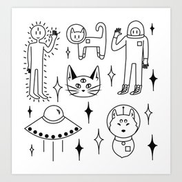 Space Pattern Art Print | Graphic, Drawing, Stars, Astronaut, Dog, B W, Art, Digital, Cat, Celestial 
