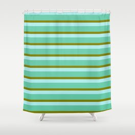 [ Thumbnail: Turquoise, Aquamarine & Green Colored Lined/Striped Pattern Shower Curtain ]