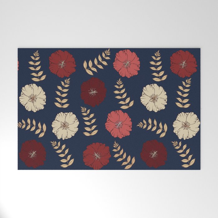 Blue and Burgundy flower Welcome Mat