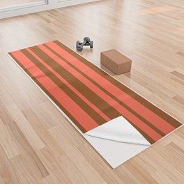 [ Thumbnail: Brown and Red Colored Striped Pattern Yoga Towel ]