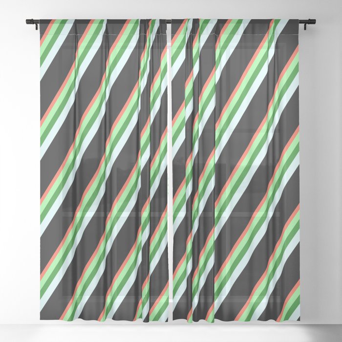 Red, Green, Forest Green, Light Cyan, and Black Colored Stripes/Lines Pattern Sheer Curtain