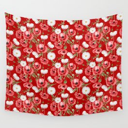 Daisy and Poppy Seamless Pattern on Red Background Wall Tapestry
