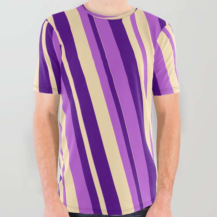 Beige, Indigo & Orchid Colored Lines Pattern All Over Graphic Tee