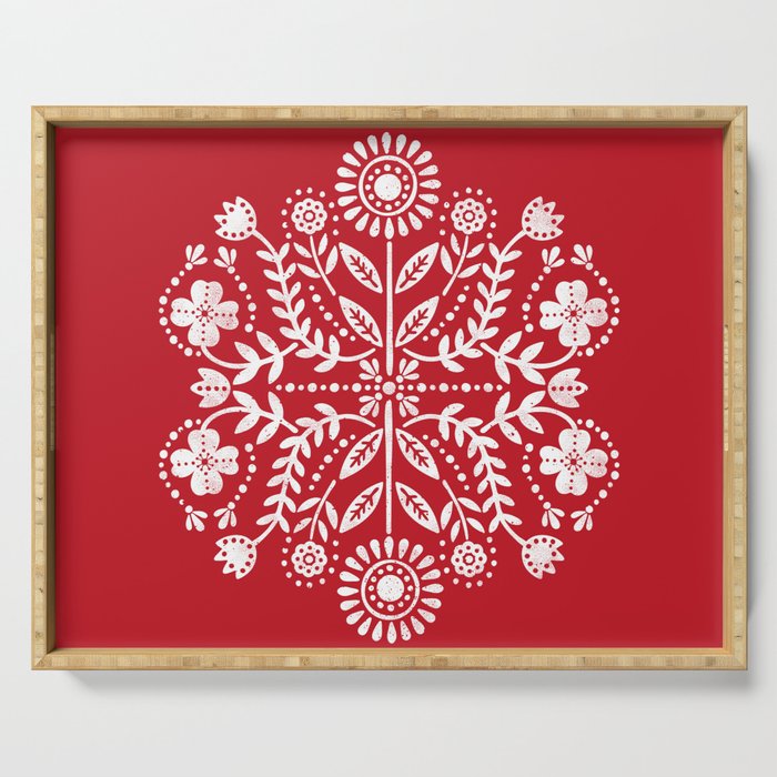 Vintage Christmas Floral Stamp - Scandinavian Folk Art Pattern Serving Tray