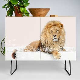 Lion in a Bathtub, Lion Taking a Bath, Lion Bathing, Whimsy Animal Art Print By Synplus Credenza