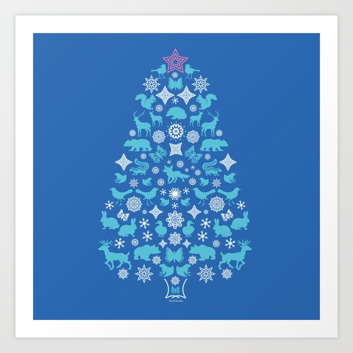 Woodland winter tree Art Print | Graphic-design, Holiday, Woodland, Christmas, Blue, Digital, Animals, Christmas-tree