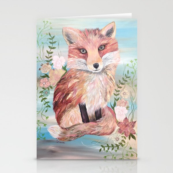 Fiona the Fox Mixed Media Painting Floral Stationery Cards