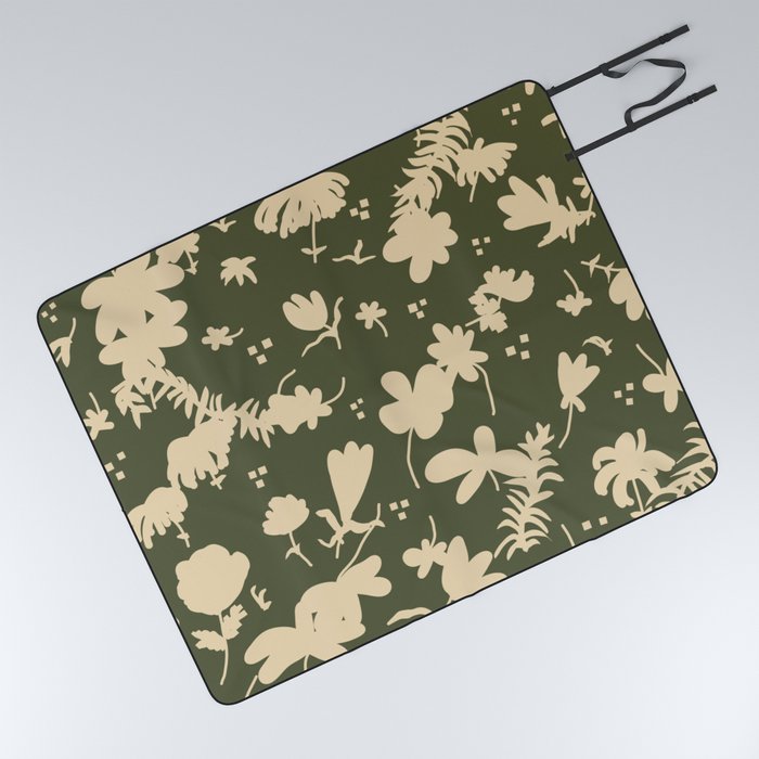 Abstract flowers retro mossy green taupe Picnic Blanket