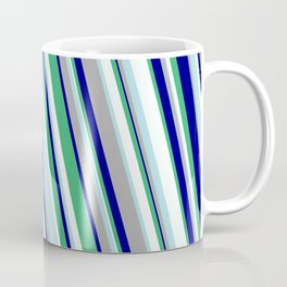 [ Thumbnail: Eye-catching Powder Blue, Dark Gray, Blue, Sea Green & Mint Cream Colored Striped Pattern Coffee Mug ]