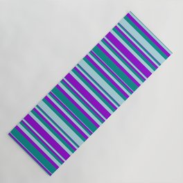 [ Thumbnail: Dark Violet, Dark Cyan, and Powder Blue Colored Lines/Stripes Pattern Yoga Mat ]