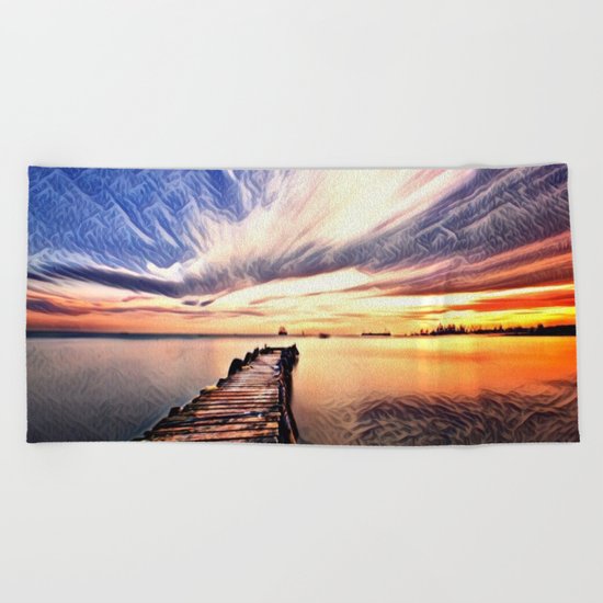 Dock over Water (Sunset Lake) Beach Towel