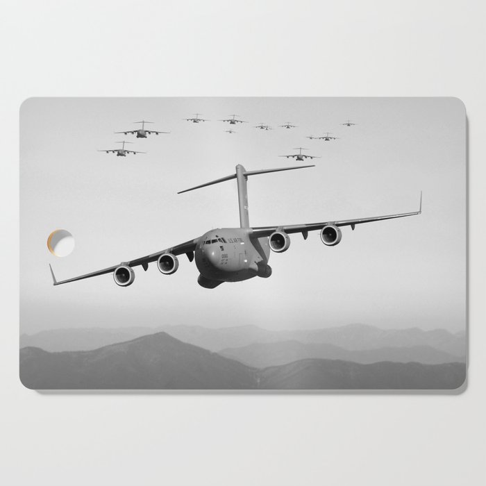 Thirteen C-17 Globemaster III aircraft fly over the Blue Ridge Mountains in Virginia black and white aerial flight aircraft photograph - photography - photographs Cutting Board