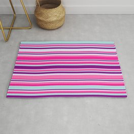 [ Thumbnail: Colorful Hot Pink, Deep Pink, Powder Blue, Purple, and Lavender Colored Lined Pattern Rug ]