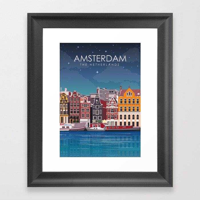 Amsterdam Holland The Netherlands Travel Poster at Night Framed Art Print