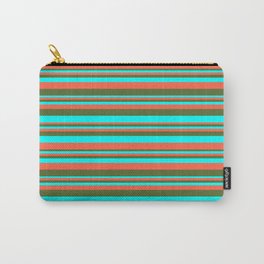 [ Thumbnail: Red, Dark Olive Green & Aqua Colored Lined Pattern Carry-All Pouch ]