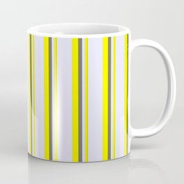 [ Thumbnail: Dim Grey, Yellow & Lavender Colored Striped Pattern Coffee Mug ]