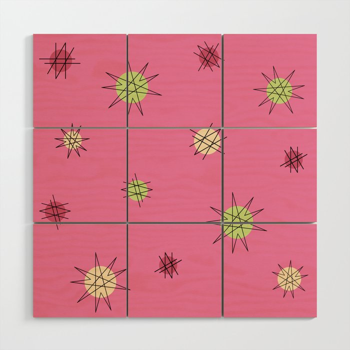 Atomic Age Starburst Planets Bright Pink Red Lime Green Wood Wall Art