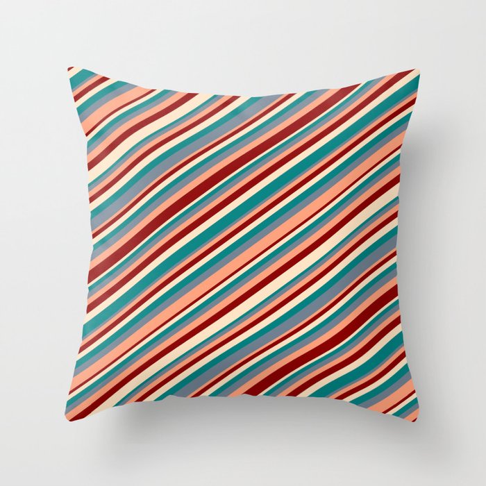 Eye-catching Bisque, Teal, Slate Gray, Light Salmon & Dark Red Colored Stripes Pattern Throw Pillow