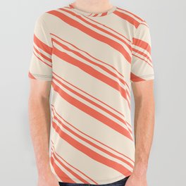 [ Thumbnail: Red & Beige Colored Lines/Stripes Pattern All Over Graphic Tee ]