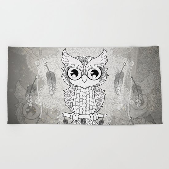 Cute owl in black and white Beach Towel