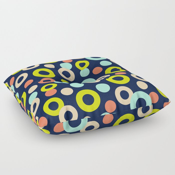 DROPS POLKA DOTS PATTERN in CHARTREUSE, SAND, MINT AND ORANGE ON DARK BLUE Floor Pillow