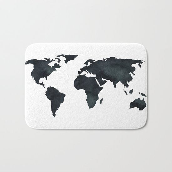 World Map Black Watercolor Ink Bath Mat