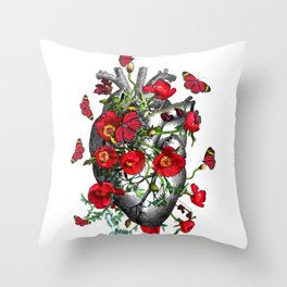Human heart anatomy with beautiful butterflies and red anemones, floral art of human heart illustration Throw Pillow