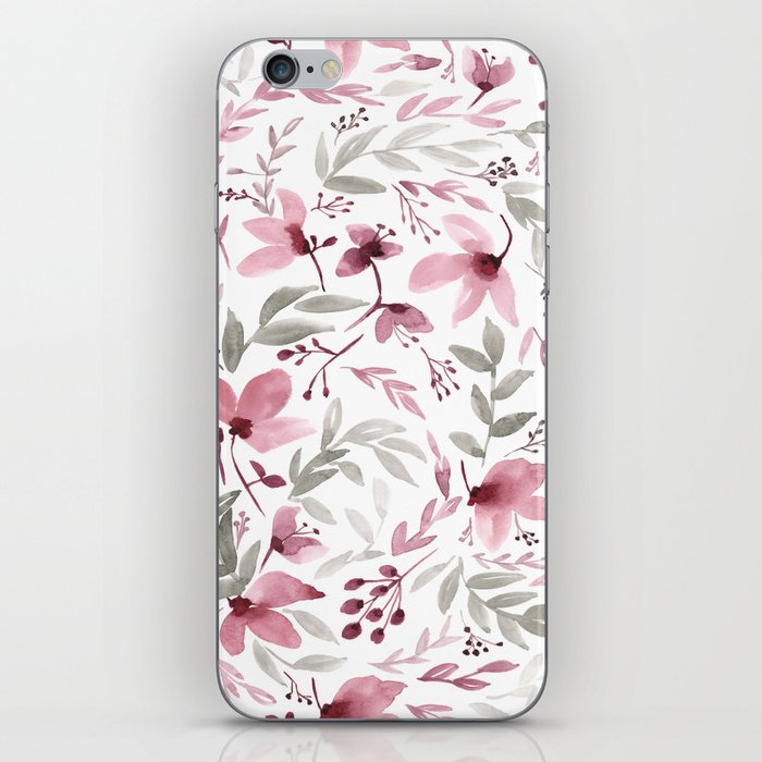 Rustic Floral - Watercolor Flowers Burgundy Pink iPhone Skin