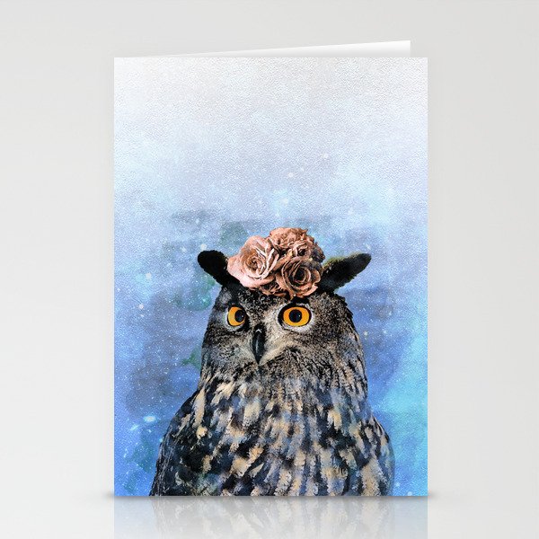 Painting of cute owl with flowers on his head (blue background) - nature Stationery Cards