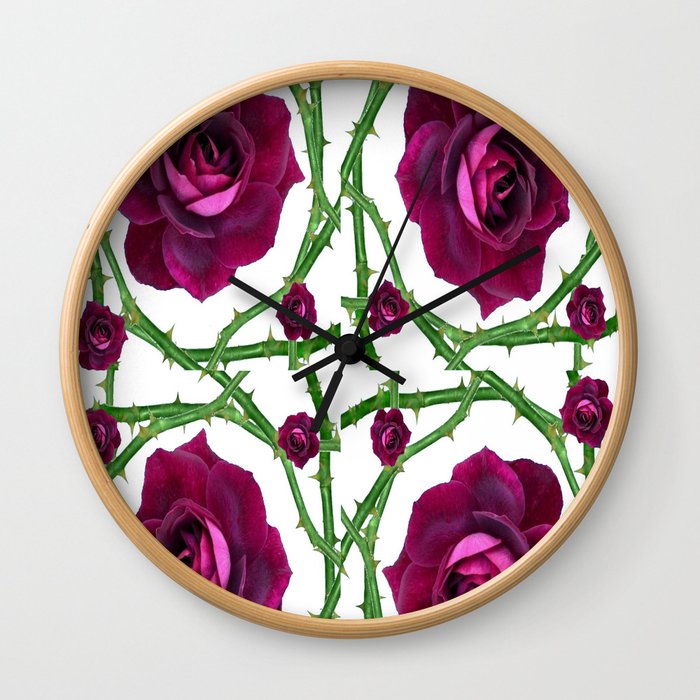WINE RED ROSES & GREEN BUSH CANES ABSTRACT ART Wall Clock